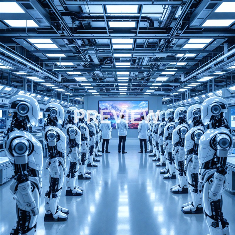 A group of humans in lab coats standing in front of a large screen, surrounded by rows of humanoid robots in a high-tech, futuristic laboratory setting.